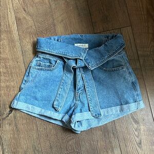 Forever 21 Medium Blue High-Rise Tie-Waist Denim Shorts